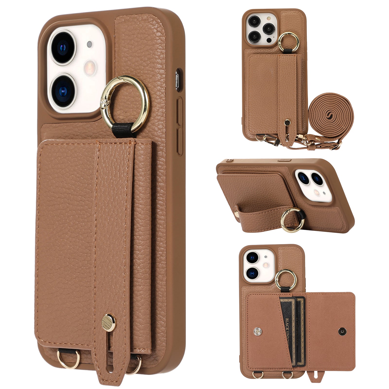 Fall-proof Cover for iPhone 11 6.1 inch Card Holder Hand Strap Leather TPU Phone Kickstand Case with Shoulder Strap Fall-proof Cover for iPhone 11 6.1 inch Card Holder Hand Strap Leather TPU Phone Kickstand Case with Shoulder Strap